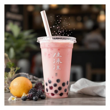photorealistic elegant pink bubble tea with sparkles, no background, transparent sticker