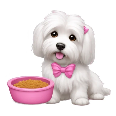 Long haired Coton de Tulear dog with pink harness and pink hair bow, pink dog bowl with kibbles, pink dog bed, her name is Zoey sticker