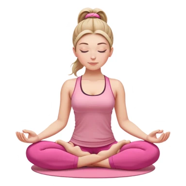 white woman with ponytail hairstyle in lotus position meditation yoga pose, closed eyes, relaxed face, wearing pink yoga outfit sticker