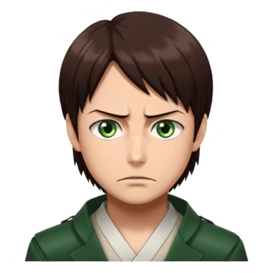 “Create an avatar that looks like Eren Yeager from Attack on Titan, Season 3 — sharp jawline, tied-back long brown hair, intense green eyes, serious expression.” sticker