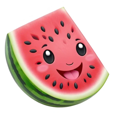Cute Kawaii Watermelon Slice, juicy and vibrant, soft pastel green rind with pink flesh, tiny black seeds shaped like hearts, an adorable happy face with cute round eyes, bursting with summer energy! sticker
