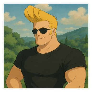 Johnny Bravo cartoon character, muscular man with yellowish blonde hair, wearing sunglasses and a black t-shirt, in Ghibli art style sticker