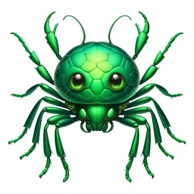 Cinematic Cute Green Bugdie Portrait Emoji, Head tilted playfully and inquisitively, featuring a glossy, vibrant emerald exoskeleton with intricate patterns, round, sparkling multifaceted eyes filled with curiosity, Simplified yet irresistibly adorable features, highly detailed, glowing with a warm, friendly glow, high shine, affectionate and lively, stylized with a touch of whimsy, bright and endearing, soft glowing outline, capturing the essence of a mischievous yet charming bug, so playful it feels like it could buzz out of the screen and into your arms! sticker