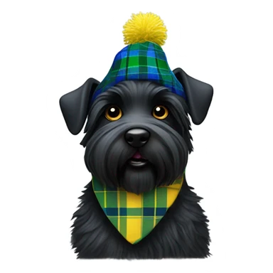 Black Scottie dog wearing a blue and green tartan tam hat with a yellow Pom-pom on top  sticker