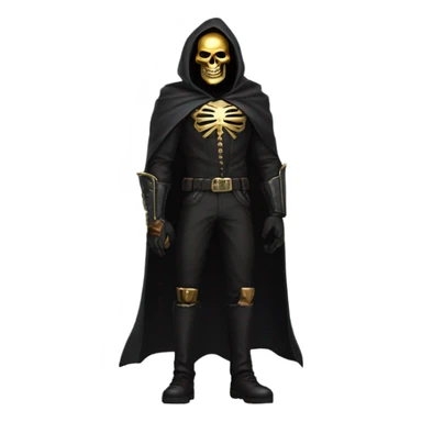 Bounty Hunter Boss with black cape and a gold skull jaw mask from death Stranding, full body view sticker