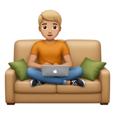 A young guy is lying on the sofa with a laptop sticker