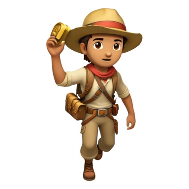 an adventure game, inspired by Uncharted-2. The design features a rugged explorer navigating through ancient ruins, with treasure and obstacles in the background. A dynamic environment with jungle, cliffs, and puzzles highlights the thrill of discovery and action. Transparent background. sticker