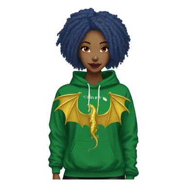 420 Lady with brunette and blue hair, hemp, gold, green dragon wings, maroon hoodie, 420, black and gold Nike t shirt, and bright red eyes sticker