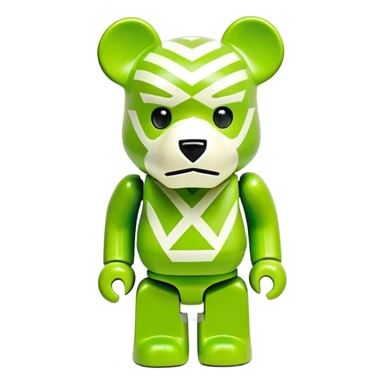 authentic bearbrick figure with geometric bear head, lime green mask with Off-White diagonal stripes logo, distinct eyebrows, collectible toy sticker