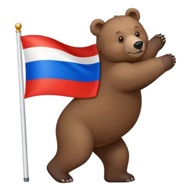 Brown bear on four legs with Russian tricolor flag (white, blue, red horizontal stripes) on its back, minimalist design sticker