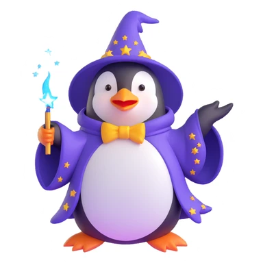 soft rounded 3D style penguin wizard casting a spell, sparkles, starry robe sticker