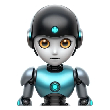Cute futuristic chibi humanoid robot with large rounded head, glossy black and grey metal body, glowing cyan and amber eyes, visible joints, confident pose, white background, high-detail 3D render, add text on chest "LMX". sticker