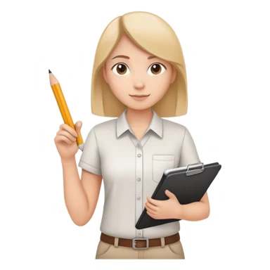intern or volunteer holding a clipboard and pencil, ready to take notes or assist. The character wears a simple shirt and has an eager posture sticker