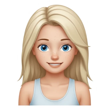 Una chica de tez blanca con pecas, nariz respingada, labios gruesos, ojos grandes color azul grisáceo, pelo largo, lacio, color avellana. Con una blusa de tirantes blanca. Que este sonriendo y q solo se vea de la cintura hacía arriba sticker