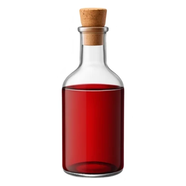 classic dark glass bottle, deep red visible inside, cork or screw cap, plain or simple label, robust shape, no extras, soft lighting, emoji scale sticker