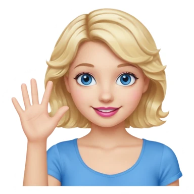 Girl Blonde short wavy hair,  blue eyes, cute blue top, long lashes, pink lips, smiling, one hand palm up sticker