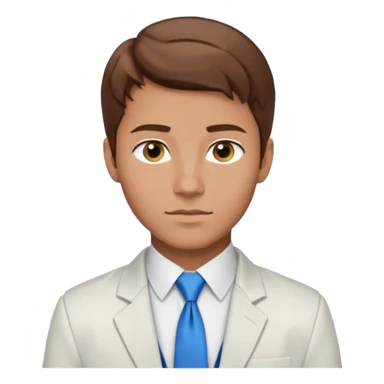 un homme type caucasien brun plutot jeune avec des jolies traits avec une chemise blanche et une veste a manche longues et cravate bleu il a les yeux marron sticker