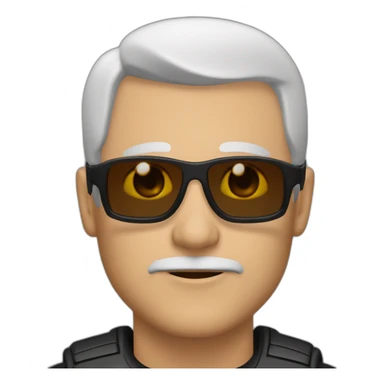 56 year old white man, balled, brown eyes, black motorcycle suit, sunglasses on forehead sticker