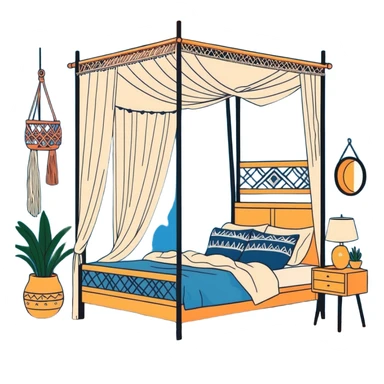 cozy boho bedroom with canopy bed, macramé wall hangings, and warm lighting sticker
