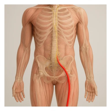 Hyperrealistic anatomical view of sciatica: human body seen frontally, path of the sciatic nerve highlighted in red through the body, muscles and bones transparent, neutral background, 4K quality. sticker