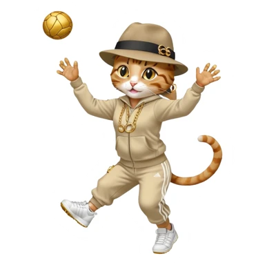 female cat dressed like Run DMC in tracksuit, fedora, Adidas shoes, lots of gold chains, rings, bracelets, earrings, catching a ball high in the air, no sunglasses sticker