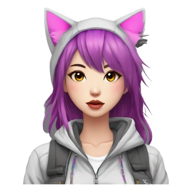 Edgy cool shy colorful Asian urban beautiful pretty anime punk tomboy-lady with cat ears techwear cargo pants hoodie collar  sticker