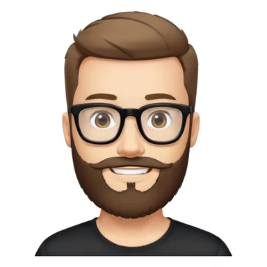 Fair-skinned man with full beard, short hair styled upward, large black-framed glasses, smiling, wearing black athletic fabric shirt sticker
