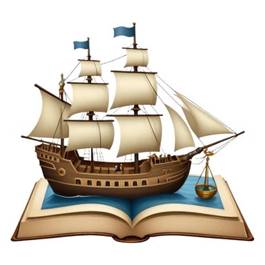 Icon for Reading Fiction: a large open book with pages turning into a sailing ship, with musketeers on horseback, and Sherlock Holmes with a magnifying glass standing nearby. The icon should evoke the adventure and romance of exploring fictional worlds. Transparent background. sticker