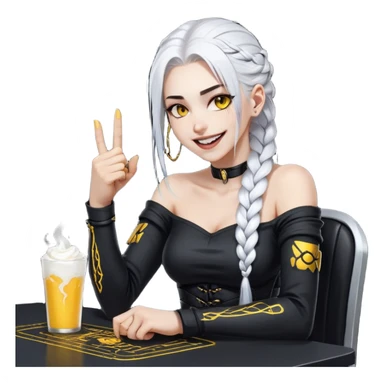 she is laughing the hardest and pounding her fist on the table, a closeup portrait of young woman with gold yellow eyes, white hair, long braid, black off-shoulder top, punk gothic style, futuristic cyberwave cyberpunk, sitting position
 sticker