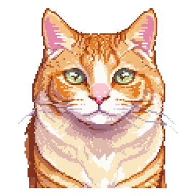 retro pixel art of a cheese-colored tabby cat face, orange and cream fur, big round eyes, pink nose, little smile, front view sticker