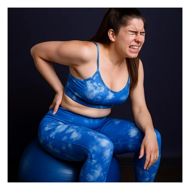Realistic woman in 4K inspired by the reference photo, sitting on an exercise ball, trying to stretch the back but stopping due to pain, contracted face. sticker