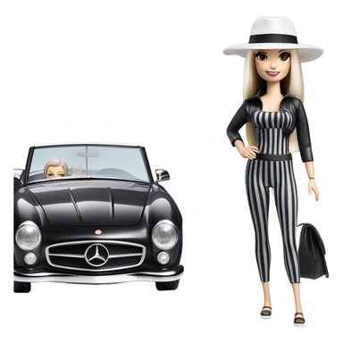 Beach Beauty Barbie, 1965 Wednesday Addams from academy, in dark-gray and black striped outfit with hat. Smiling Driving Mercedes convertible sports car. Pale-white porcelain skin.  sticker