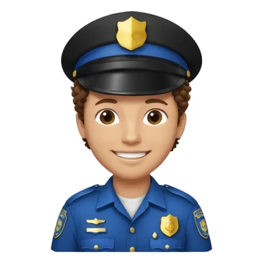 a cartoon-style avatar of a police officer with curly brown hair, wearing a black cap sticker