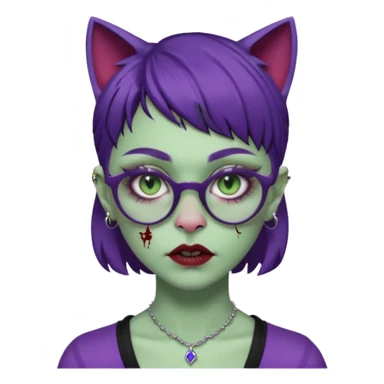 Una mujer zombie con perforacion en la nariz y perforación Madonna, lentes tipo ojo de gato, fleco pequeño y cabello largo morado oscuro  sticker