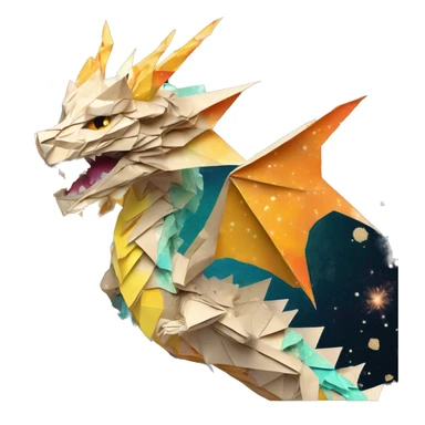 Sparkling patterned Beige Origami dragon with a dried flower crown made of newspapers intricate patterns surrounded by fairy lights nebula galaxy stars swirls iridescent orange cyan yellow sticker