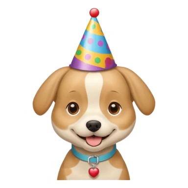 beige short haired dog with a birthday hat sticker