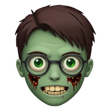 Zombie emo boy, green skin and brown hair and eyes, black glasses and a scary smile with a cut on the side, scars and blood under eyes sticker