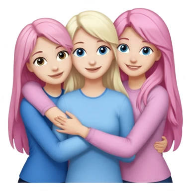 four white girlfriends hugging and smiling    2 girls with brown eyes and long dark brown hair. One with long light pink hair and blue eyes, one girl with blue eyes and light blonde hair sticker