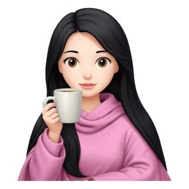 pretty girl with very long black hair, in a pink blanket, holding a coffee mug sticker