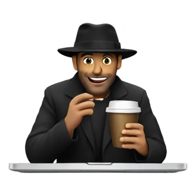 Jewish man black hat drinking coffee and has laptop  sticker