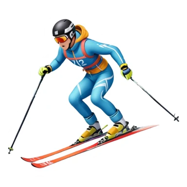 An icon featuring a skier racing down a snow-covered slope, surrounded by snowy peaks and pine trees. The design includes ski poles, bright winter gear, and dynamic motion lines, capturing the thrill and speed of alpine skiing. Transparent background sticker