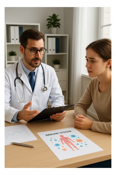 a doctor sits across from a patient in a bright, modern medical office. The doctor holds a clipboard and gently explains the diagnosis, while the patient listens with a concerned but attentive expression. On the desk, there are medical charts and a diagram of the immune system. The mood is empathetic and professional. sticker
