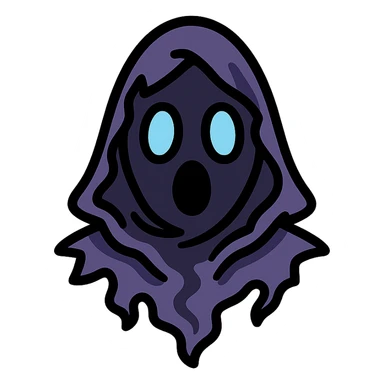 vector emoji of a dark, ethereal, faceless head with a torn, ruffled hood, made of smoke and shadow, flat colors, surprised expression created by light and shading passing through the hood, mysterious and resembling Death sticker