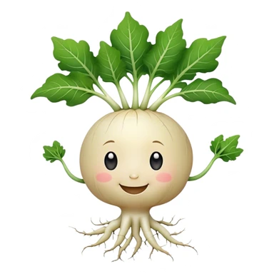 white turnip with cute smiling baby-like face and leafy stalk and cute spindly roots for hands sticker
