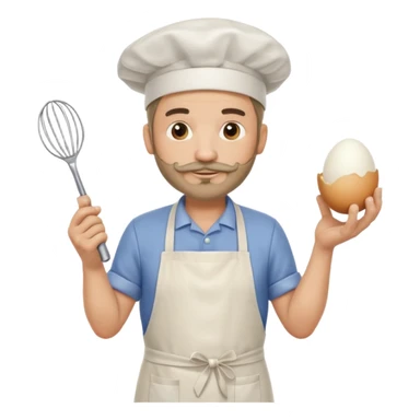 Middle aged male pastry chef - with a small beard, apron, white hat, holding an egg beater in one hand and naturally drooping in the other hand sticker