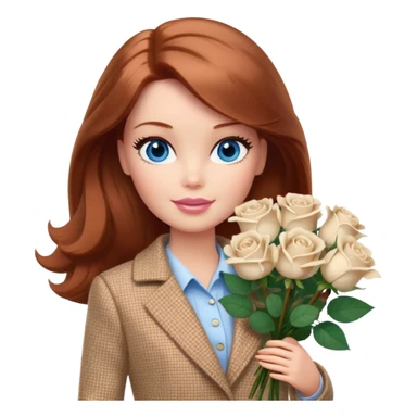 A Barbie girl with blue eyes, shoulder-length reddish-brown hair, made-up, wearing a beige tweed jacket and a beige skirt, with a bouquet of white roses sticker