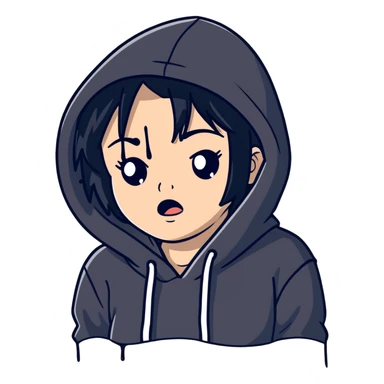 girl with black hair in black hoodie with tears streaming down her face sticker