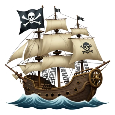 An icon representing an adventure game, inspired by high-seas exploration. The design features a fearless pirate gripping the wheel of a grand sailing ship, its tattered Jolly Roger flag billowing as it cuts through stormy waters. The scene evokes danger, treasure, and the thrill of the open sea. Transparent background. sticker