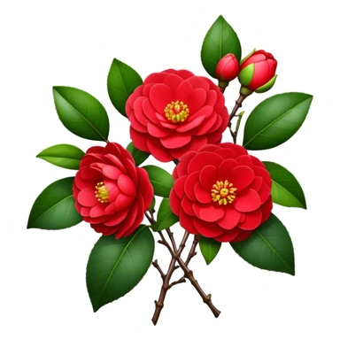 bouquet Red Camellia, luxuriant, stem, leaf, bud sticker
