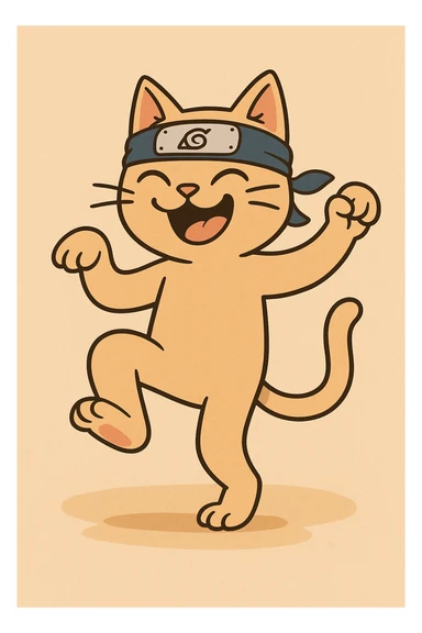 cat dancing with a naruto headband, joyful and energetic atmosphere, simple background sticker